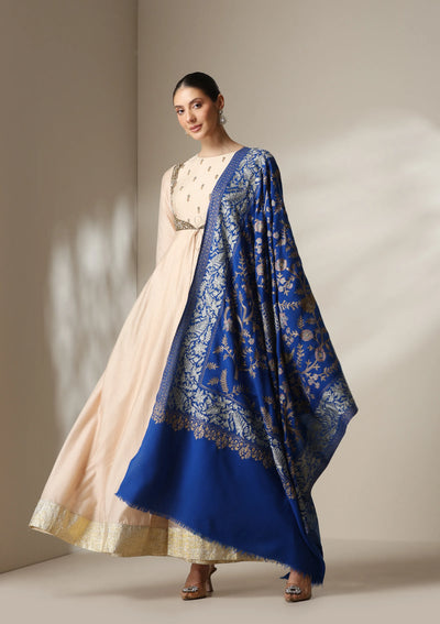 Dusala Royal Blue Aari Embroidery Fine Wool Shawl