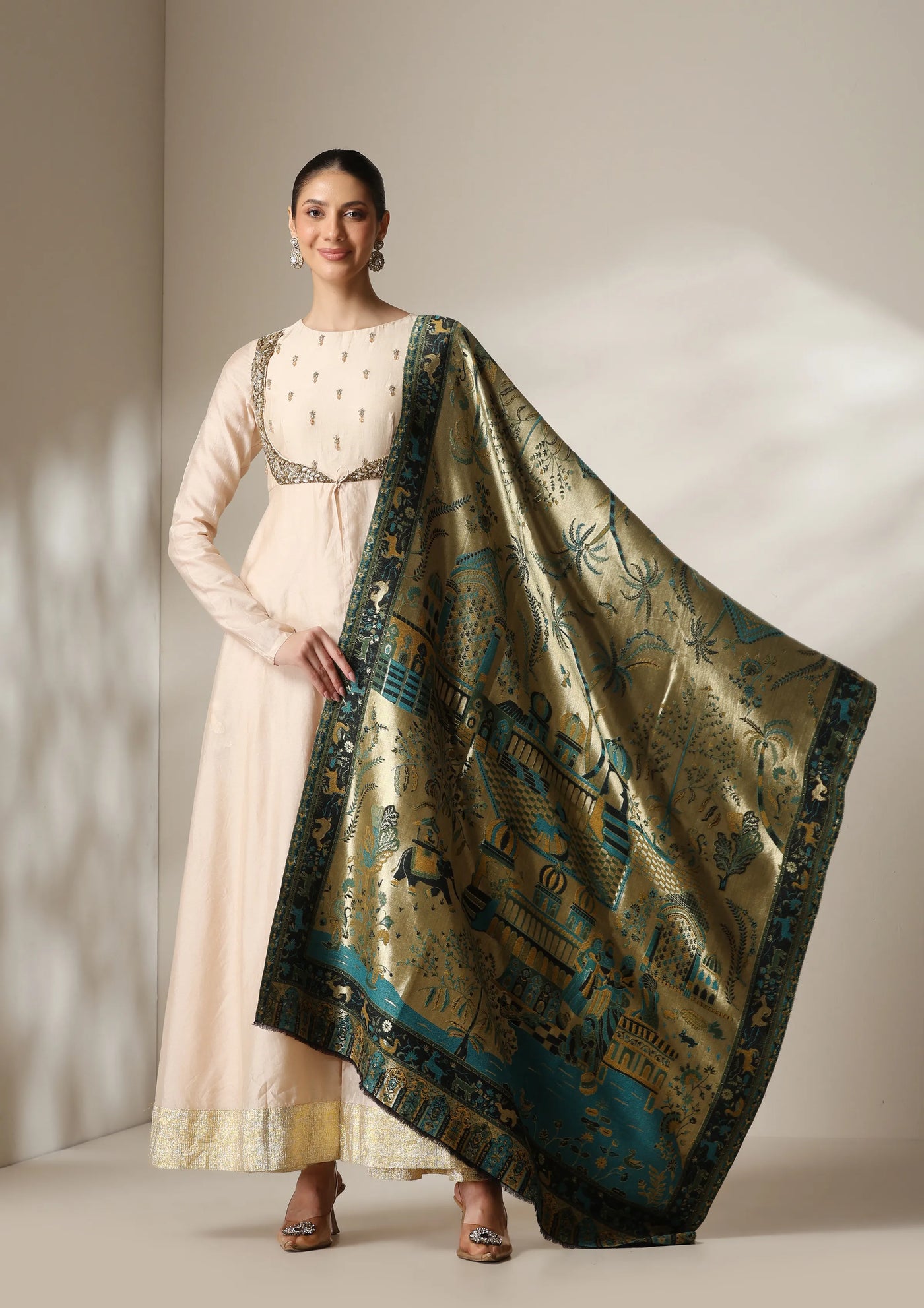 Dusala Emerald Palace Reversible Zari Fine Wool Shawl