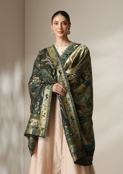 Dusala Emerald Palace Reversible Zari Fine Wool Shawl
