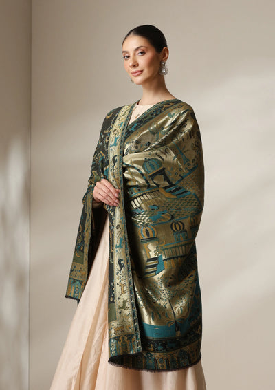 Dusala Emerald Palace Reversible Zari Fine Wool Shawl