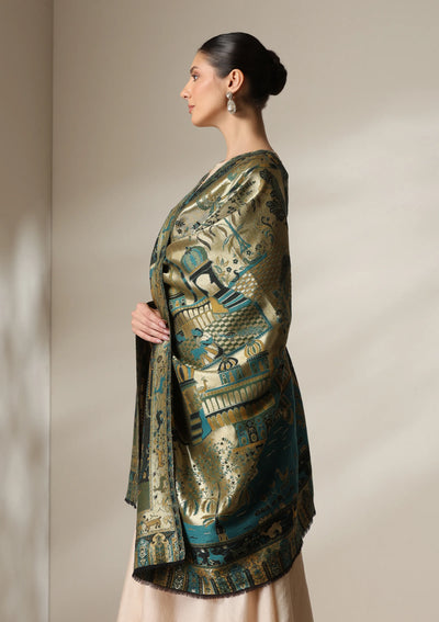 Dusala Emerald Palace Reversible Zari Fine Wool Shawl