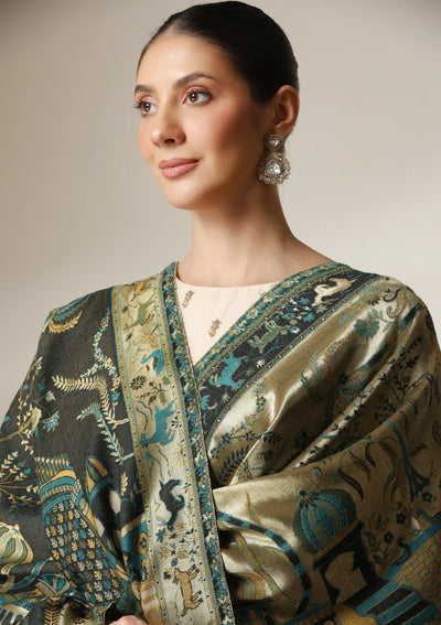 Dusala Emerald Palace Reversible Zari Fine Wool Shawl