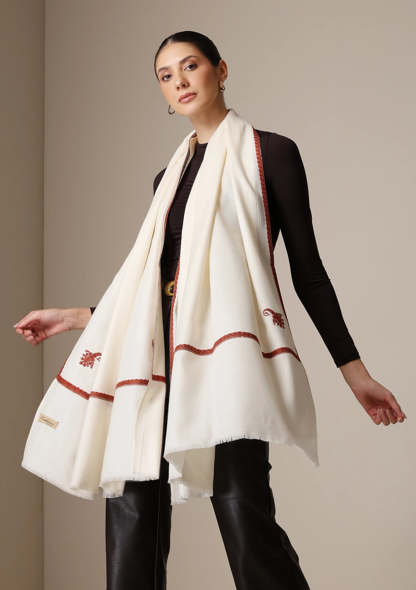 Dusala Ivory Grace Fine Wool Shawl with embroidery border