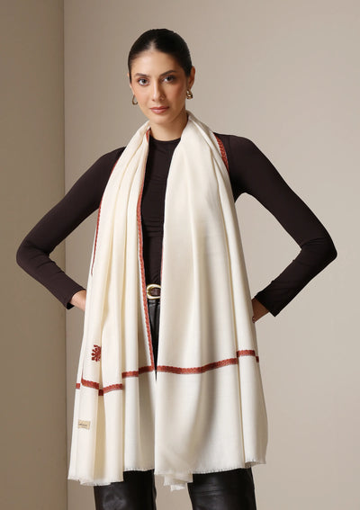 Dusala Ivory Grace Fine Wool Shawl with embroidery border