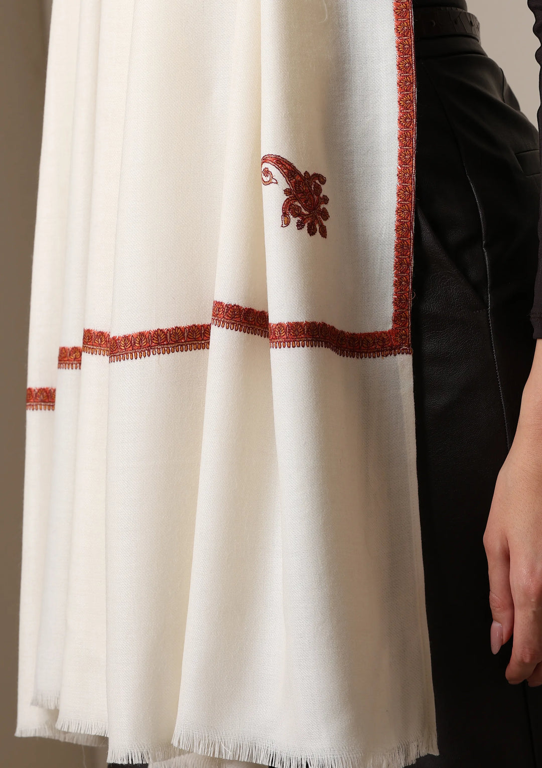 Dusala Ivory Grace Fine Wool Shawl with embroidery border