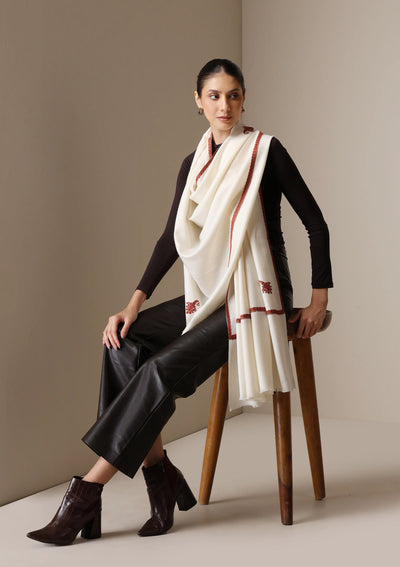 Dusala Ivory Grace Fine Wool Shawl with embroidery border