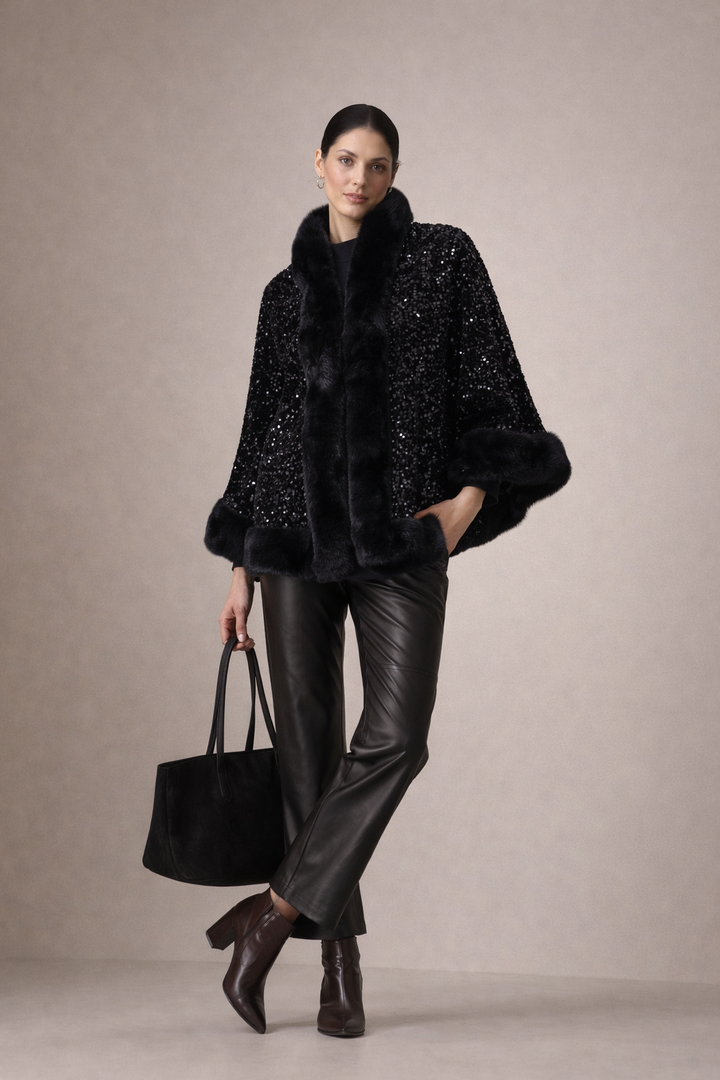 Midnight Noir Sequin Fur-Trim Cape