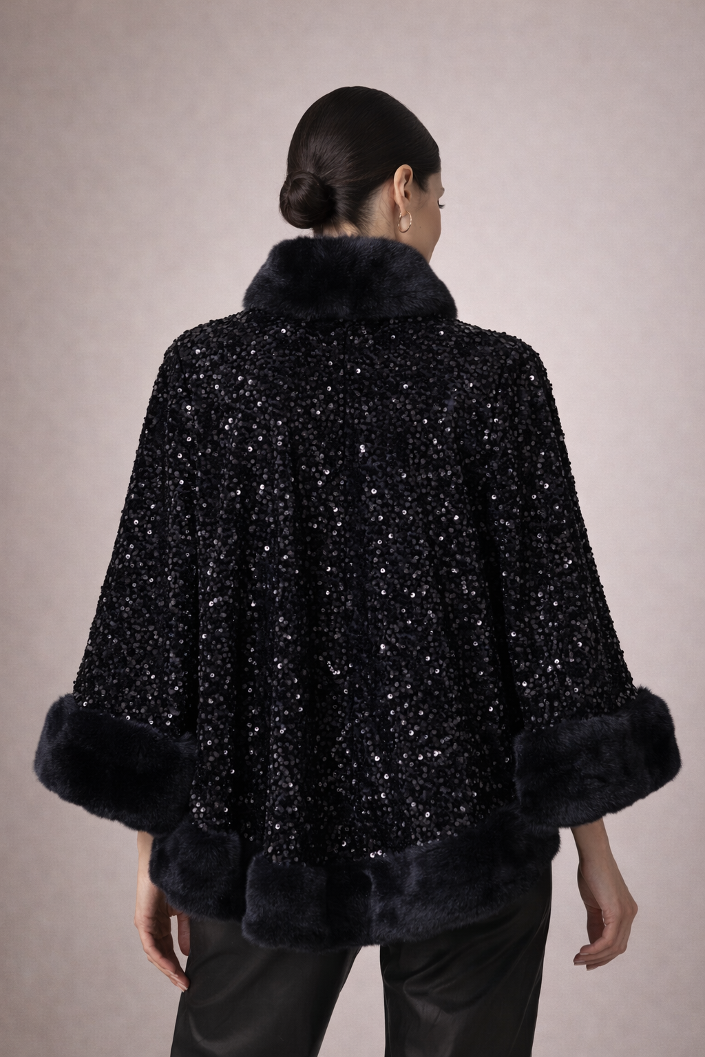 Midnight Noir Sequin Fur-Trim Cape