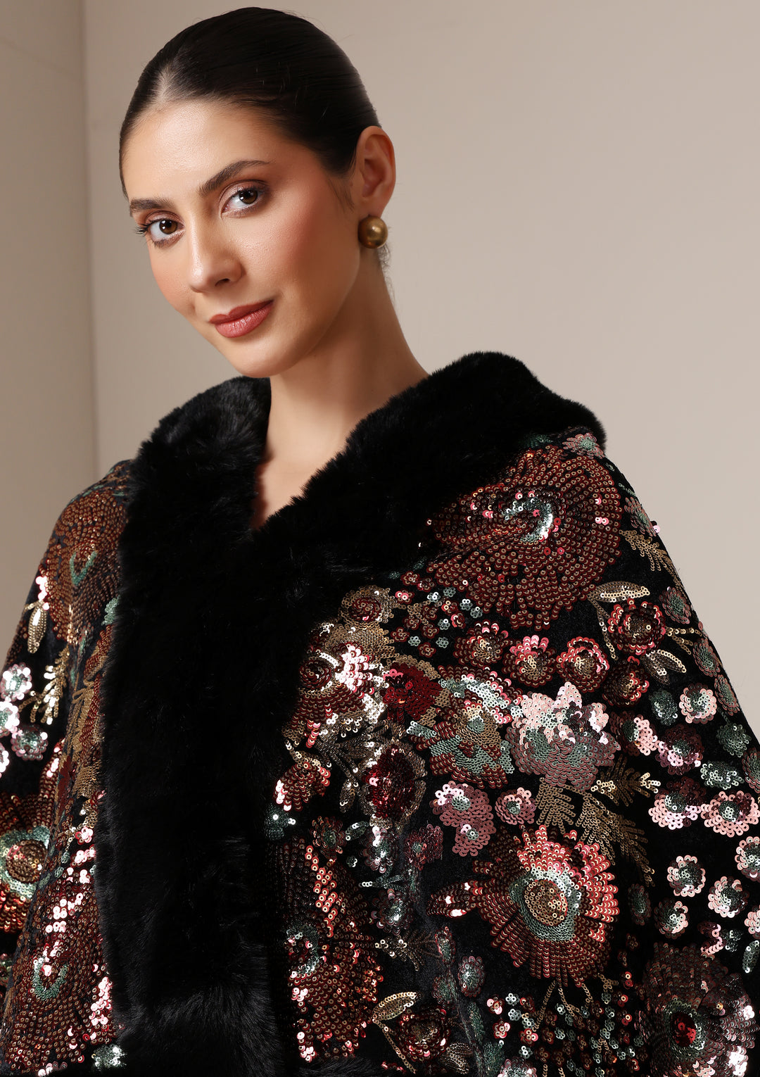 Imperial Bloom Fur-Trim Cape Wrap