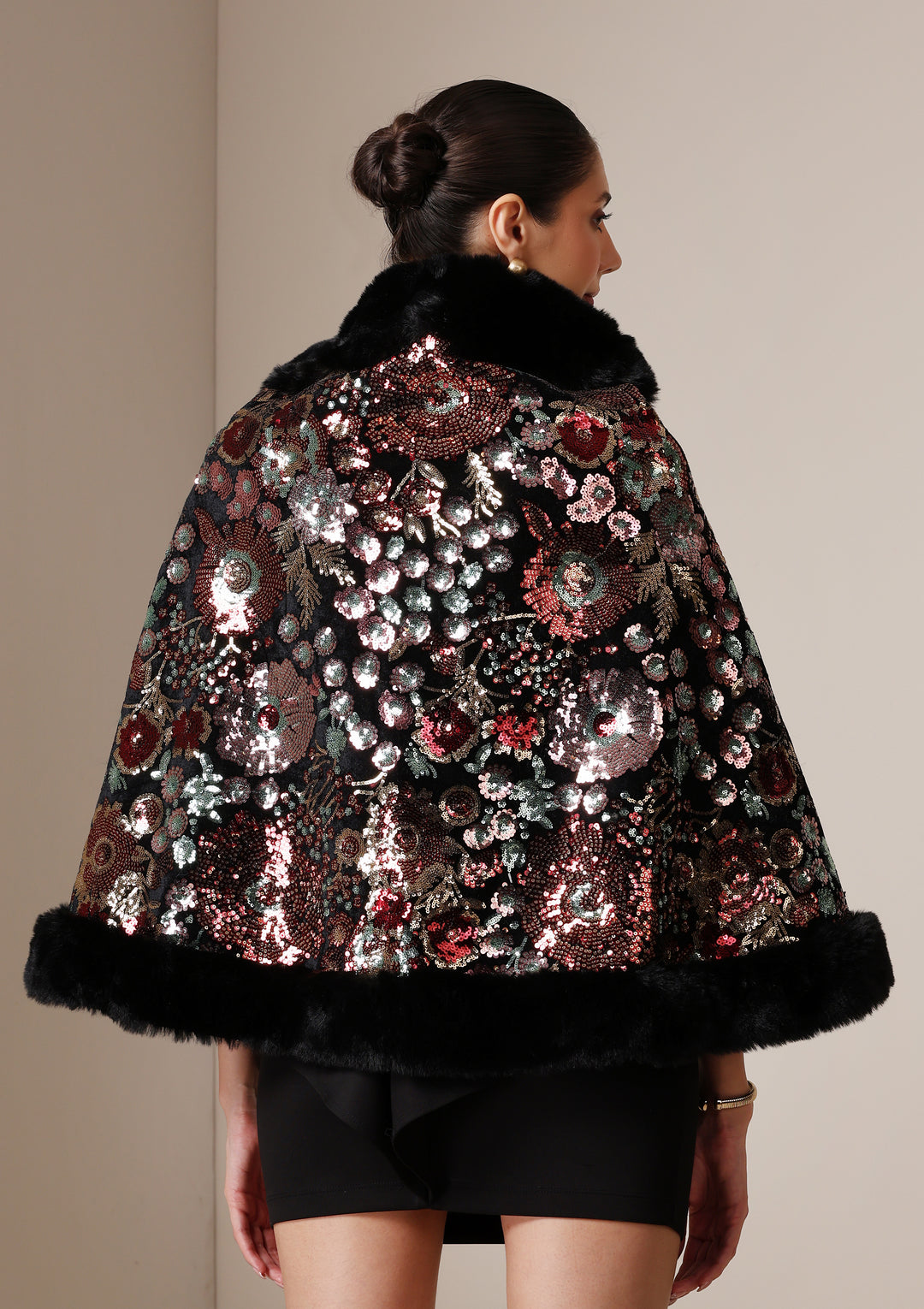 Imperial Bloom Fur-Trim Cape Wrap