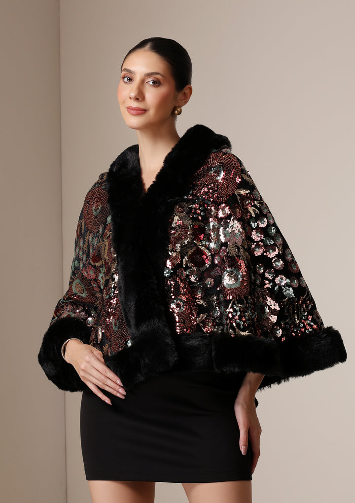 Imperial Bloom Fur-Trim Cape Wrap