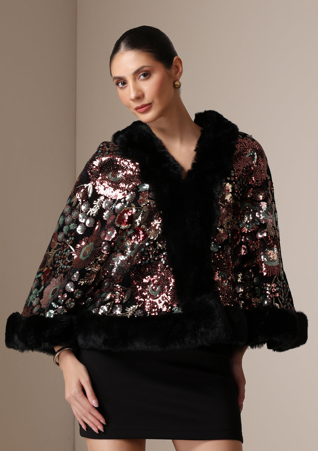 Imperial Bloom Fur-Trim Cape Wrap