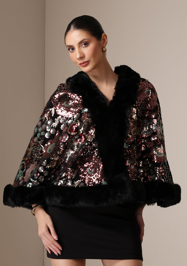 Imperial Bloom Fur-Trim Cape Wrap