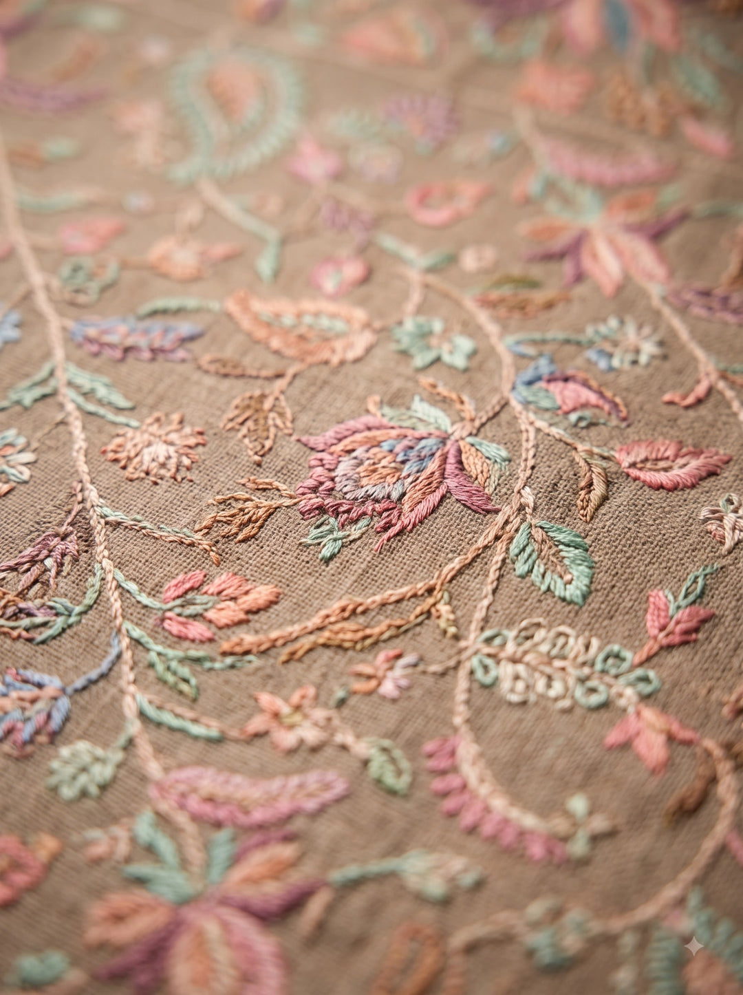 Dark Beige Cashmere Wool Embroidered Stole with Floral Motifs
