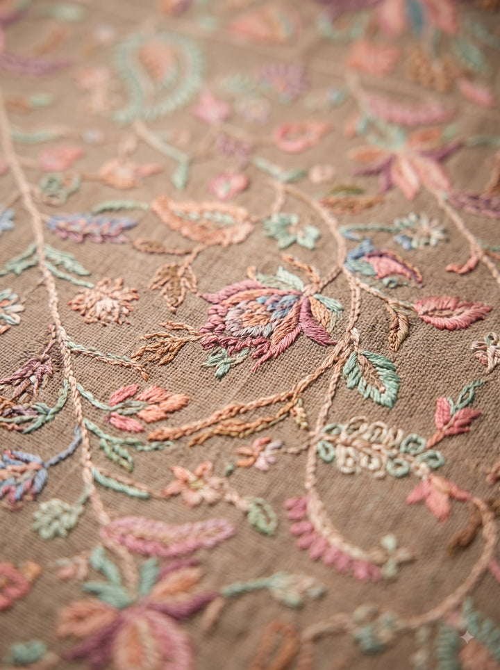 Dark Beige Cashmere Wool Embroidered Stole with Floral Motifs