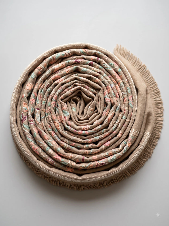 Dark Beige Cashmere Wool Embroidered Stole with Floral Motifs
