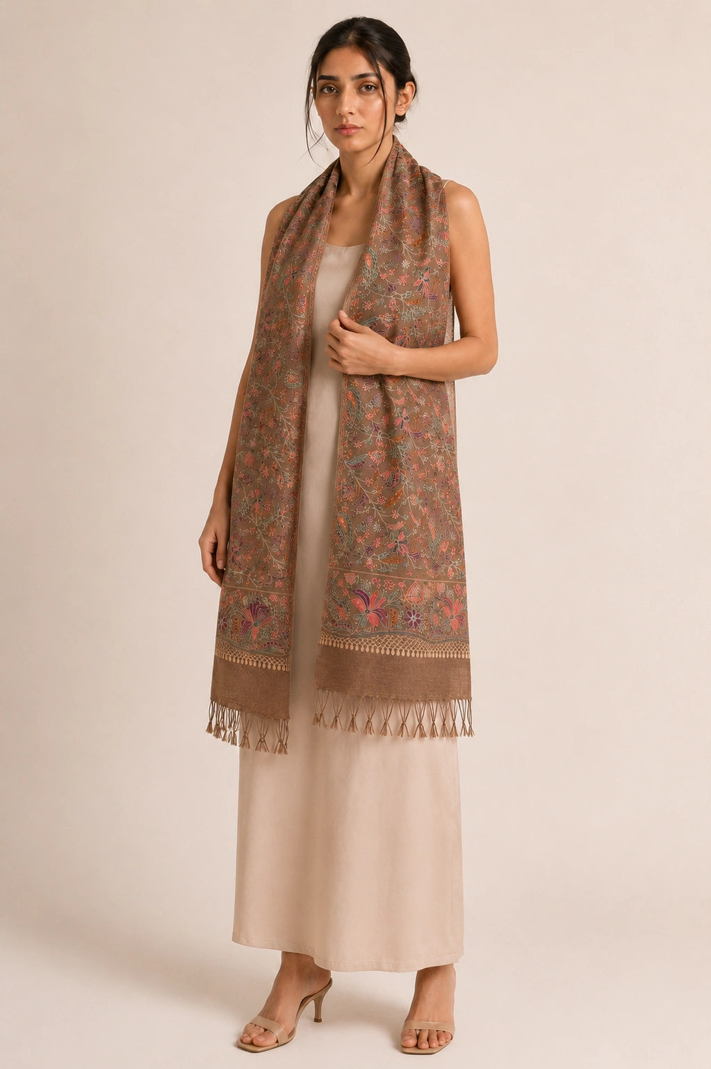 Dark Beige Cashmere Wool Embroidered Stole with Floral Motifs