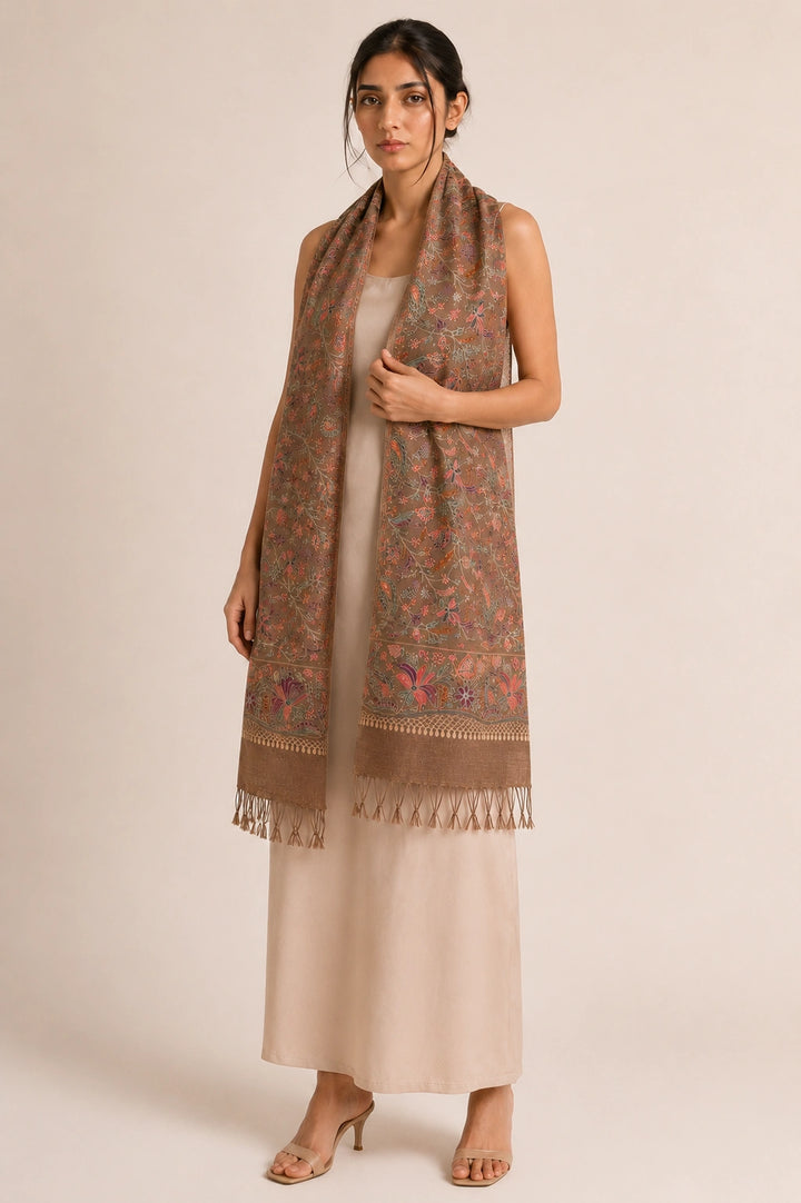 Dark Beige Cashmere Wool Embroidered Stole with Floral Motifs
