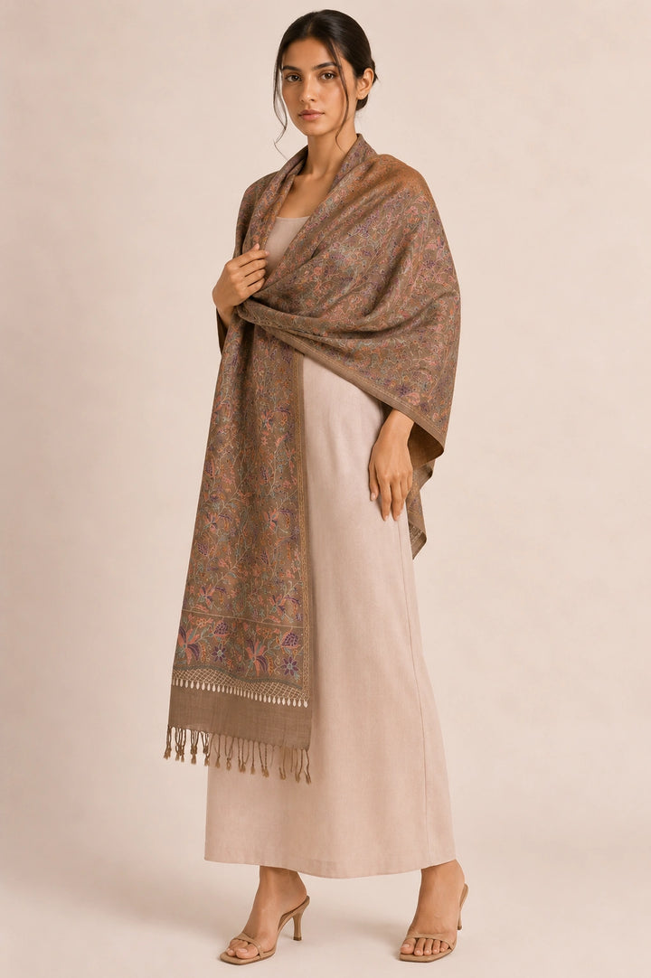 Dark Beige Cashmere Wool Embroidered Stole with Floral Motifs