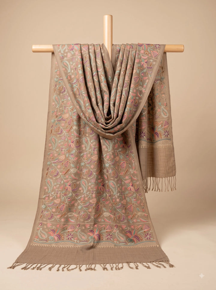 Dark Beige Cashmere Wool Embroidered Stole with Floral Motifs
