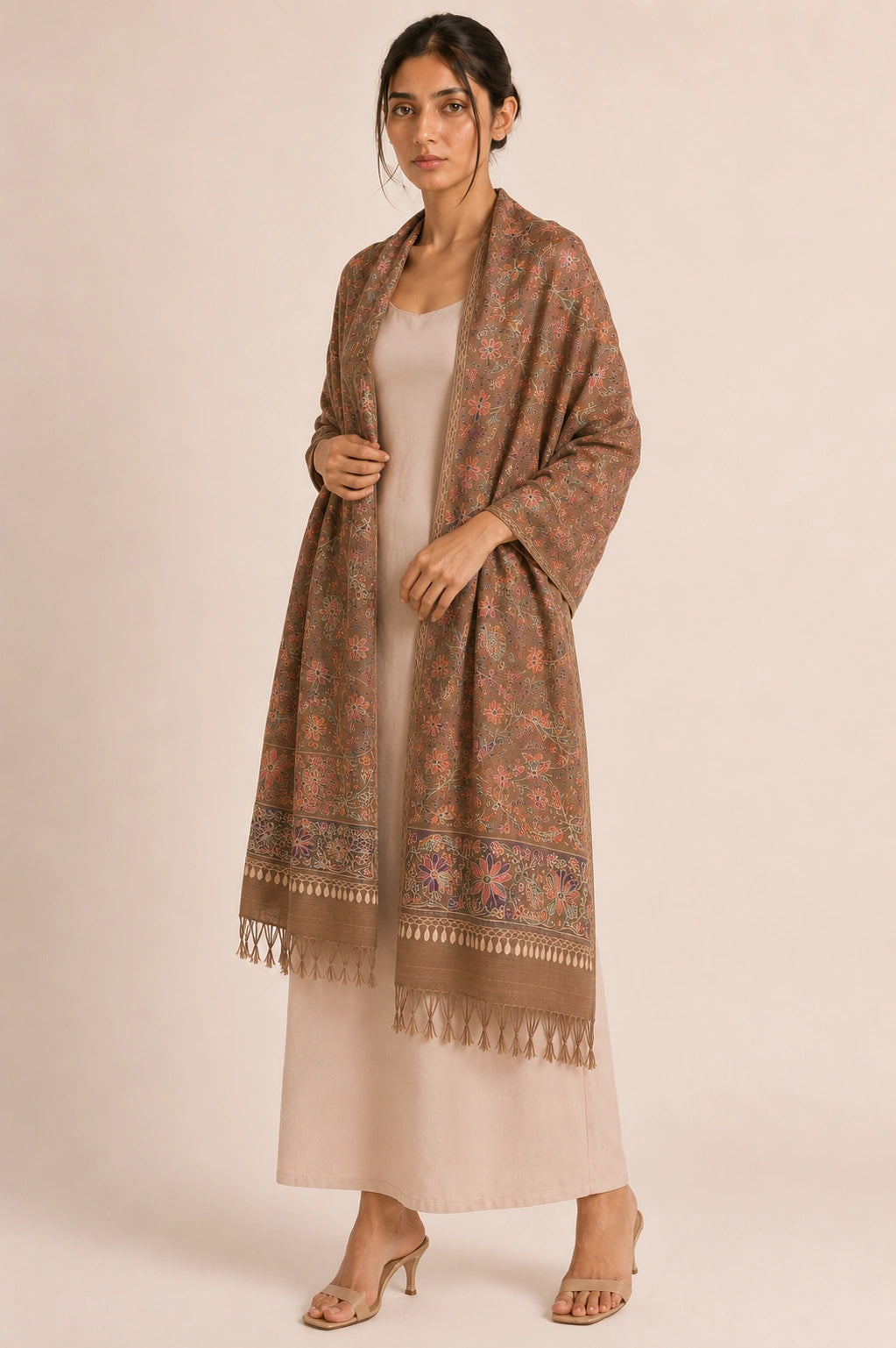 Dark Beige Cashmere Wool Embroidered Stole with Floral Motifs