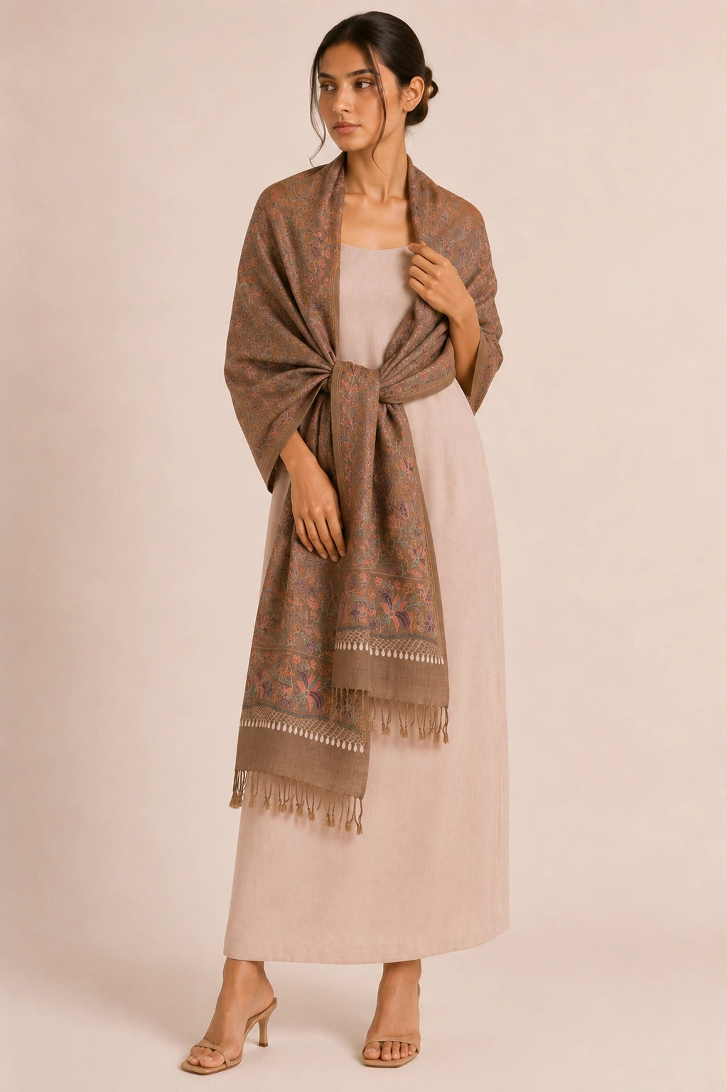 Dark Beige Cashmere Wool Embroidered Stole with Floral Motifs