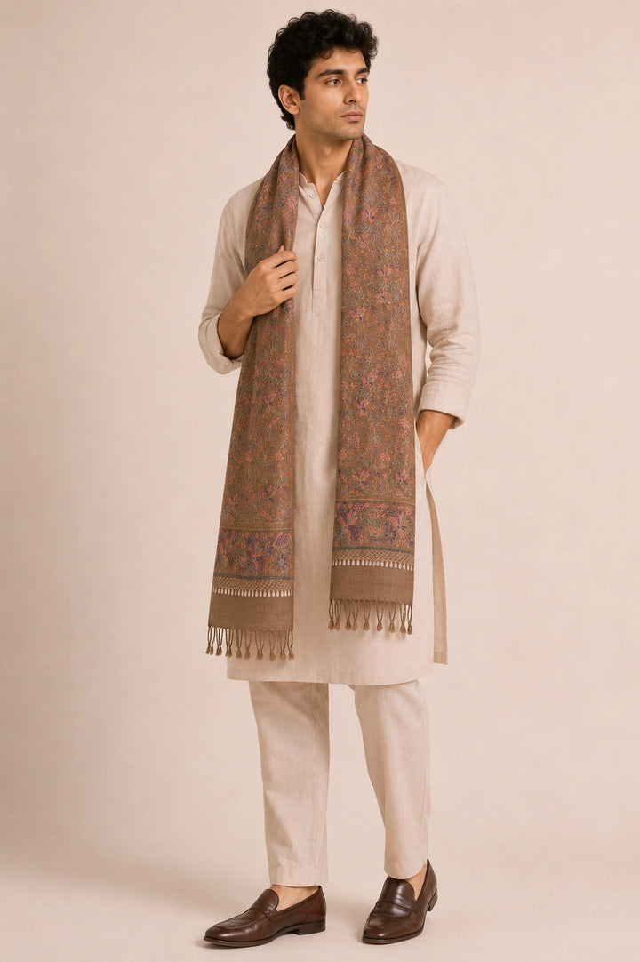 Dark Beige Cashmere Wool Embroidered Stole with Floral Motifs