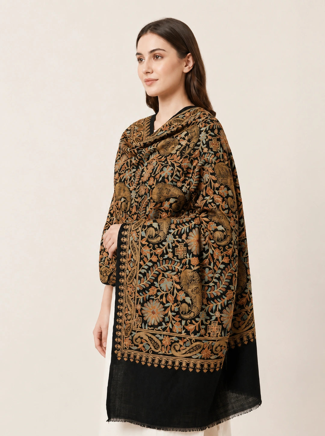 Black Cashmere Embroidered Shawl with Floral Paisley Motifs