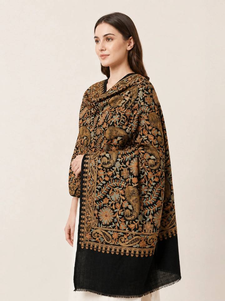 Black Cashmere Embroidered Shawl with Floral Paisley Motifs