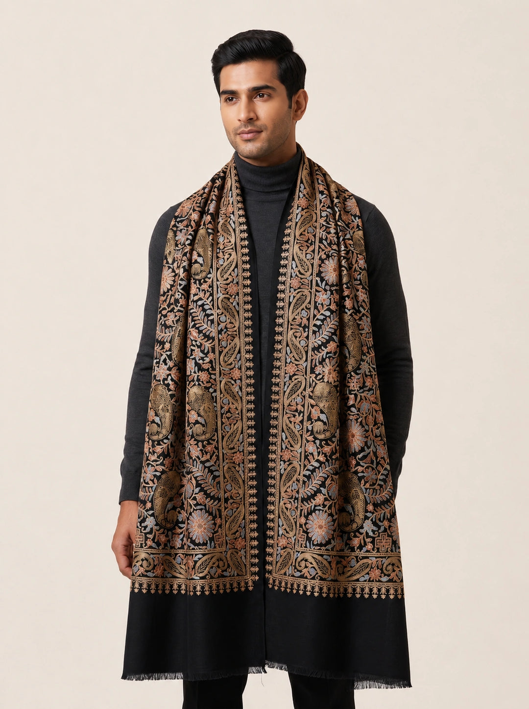 Black Cashmere Embroidered Shawl with Floral Paisley Motifs