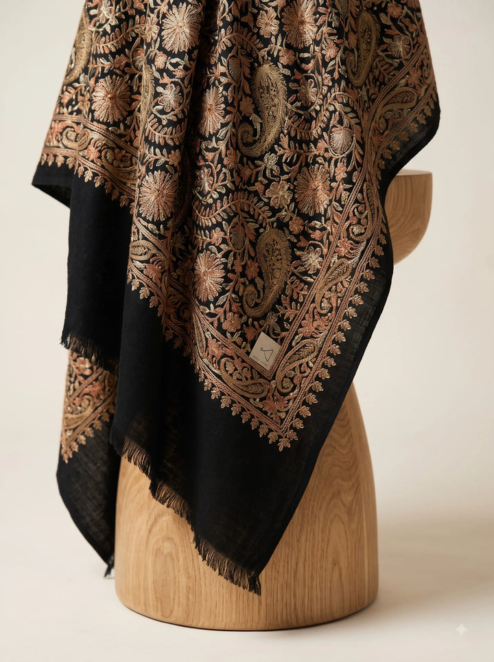Black Cashmere Embroidered Shawl with Floral Paisley Motifs