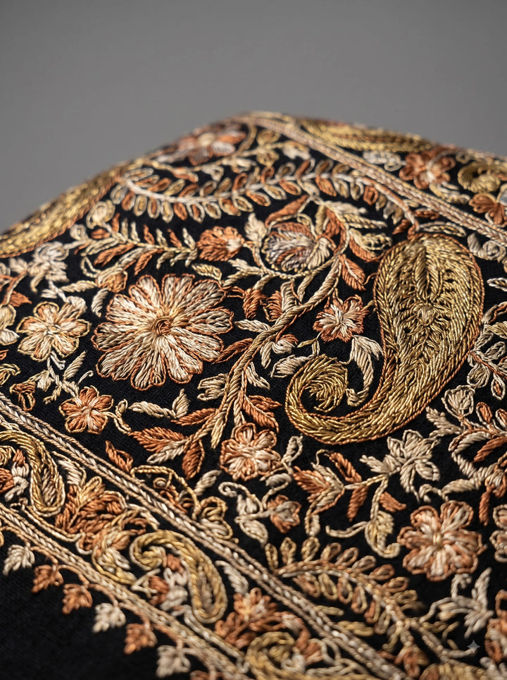 Black Cashmere Embroidered Shawl with Floral Paisley Motifs