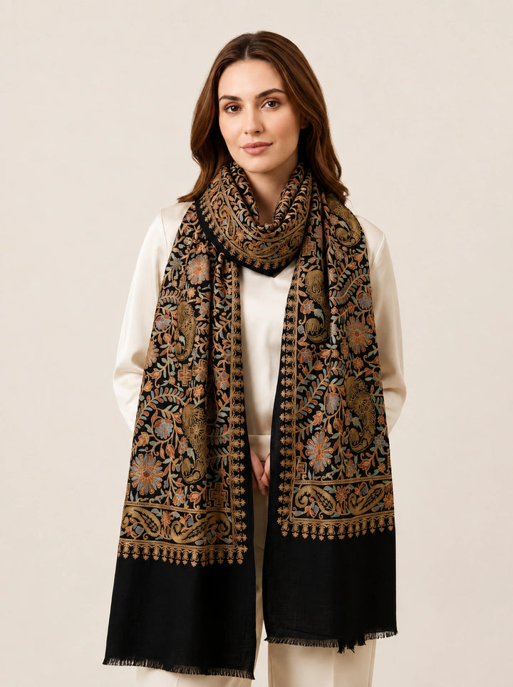 Black Cashmere Embroidered Shawl with Floral Paisley Motifs