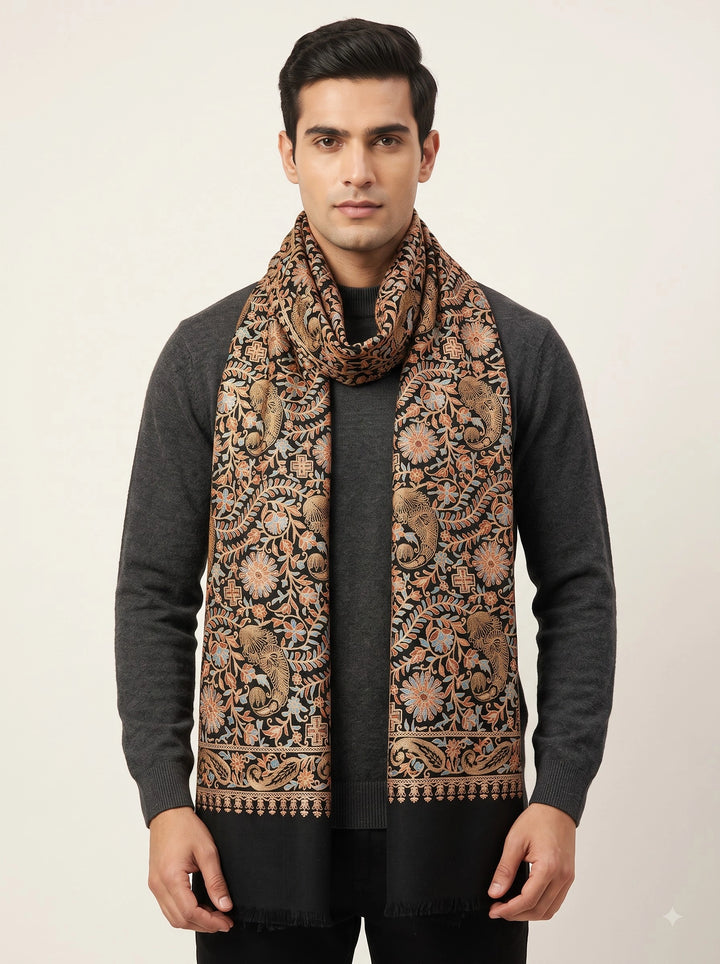 Black Cashmere Embroidered Shawl with Floral Paisley Motifs