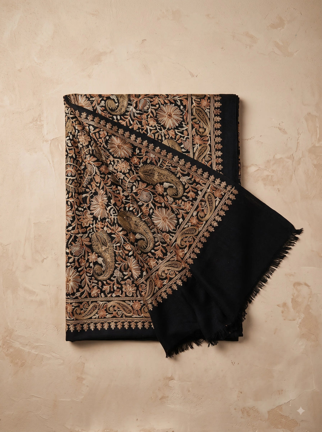 Black Cashmere Embroidered Shawl with Floral Paisley Motifs