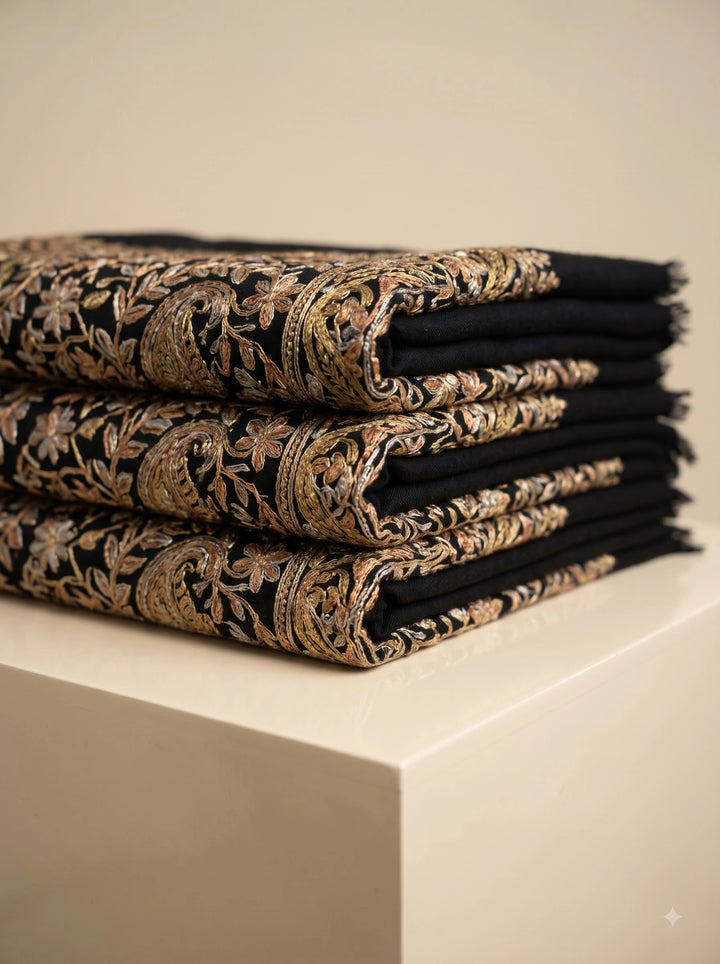 Black Cashmere Embroidered Shawl with Floral Paisley Motifs