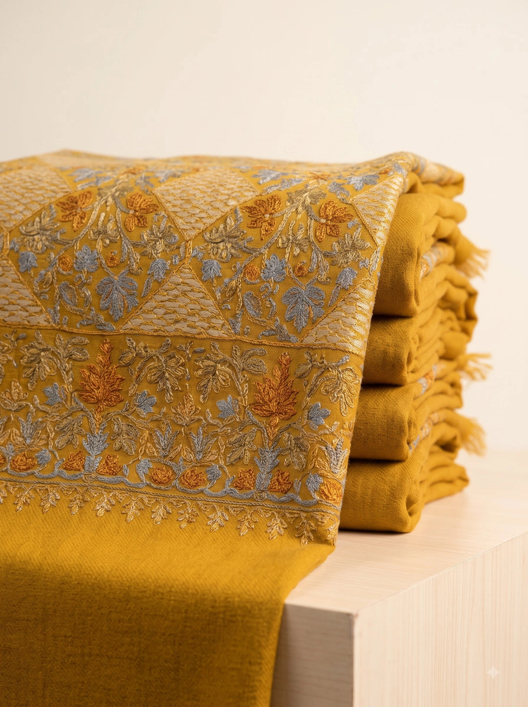 Mustard Cashmere Wool Embroidered Shawl with Floral Motifs