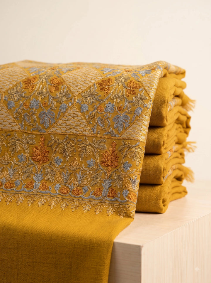 Mustard Cashmere Wool Embroidered Shawl with Floral Motifs