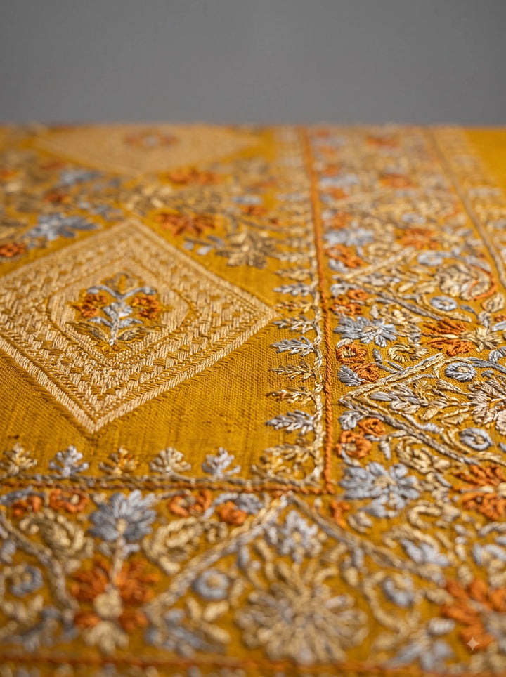 Mustard Cashmere Wool Embroidered Shawl with Floral Motifs