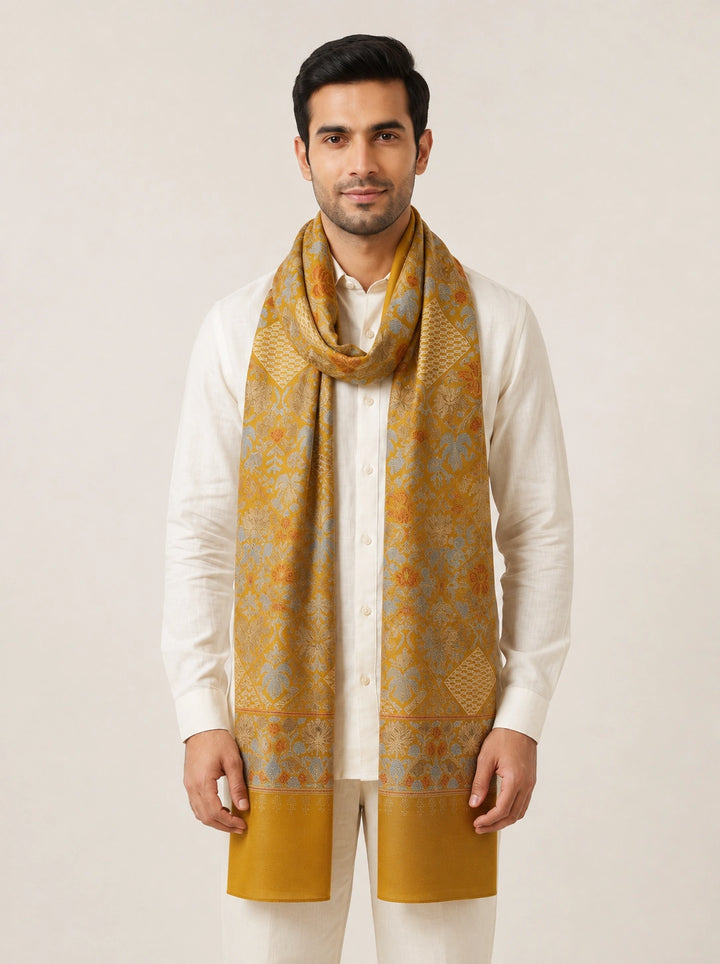Mustard Cashmere Wool Embroidered Shawl with Floral Motifs