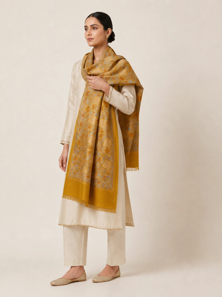 Mustard Cashmere Wool Embroidered Shawl with Floral Motifs