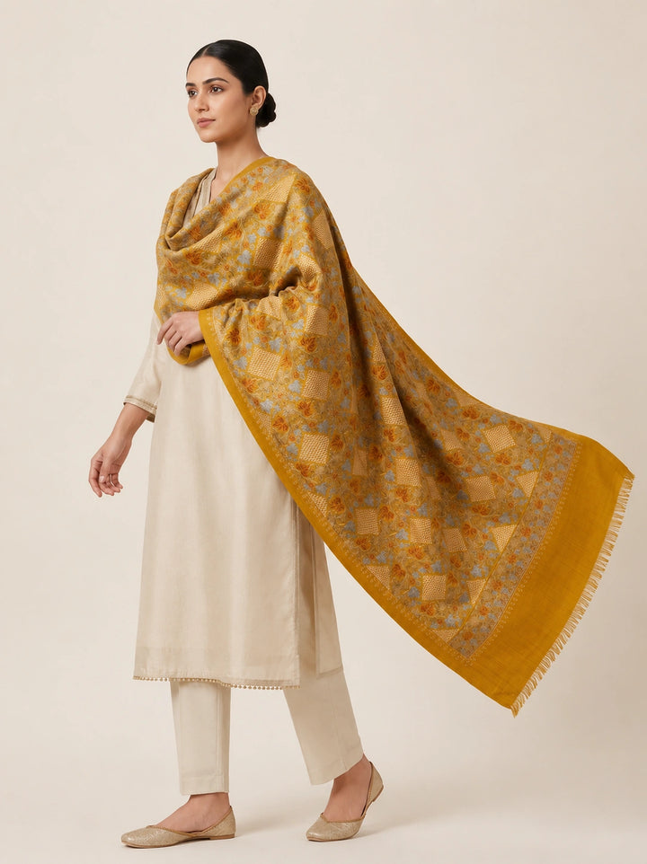 Mustard Cashmere Wool Embroidered Shawl with Floral Motifs