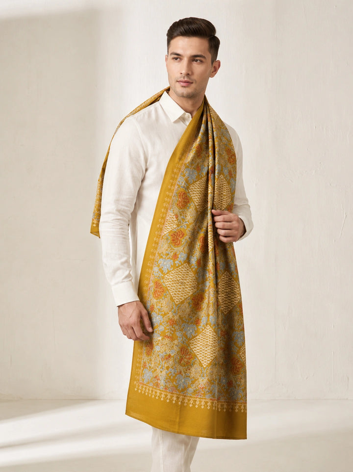 Mustard Cashmere Wool Embroidered Shawl with Floral Motifs