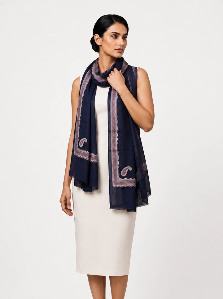 Navy Cashmere Wool Embroidered Stole with Paisley Border