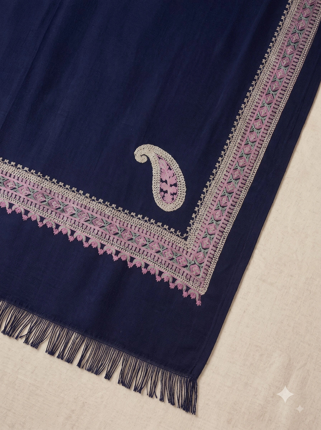 Navy Cashmere Wool Embroidered Stole with Paisley Border
