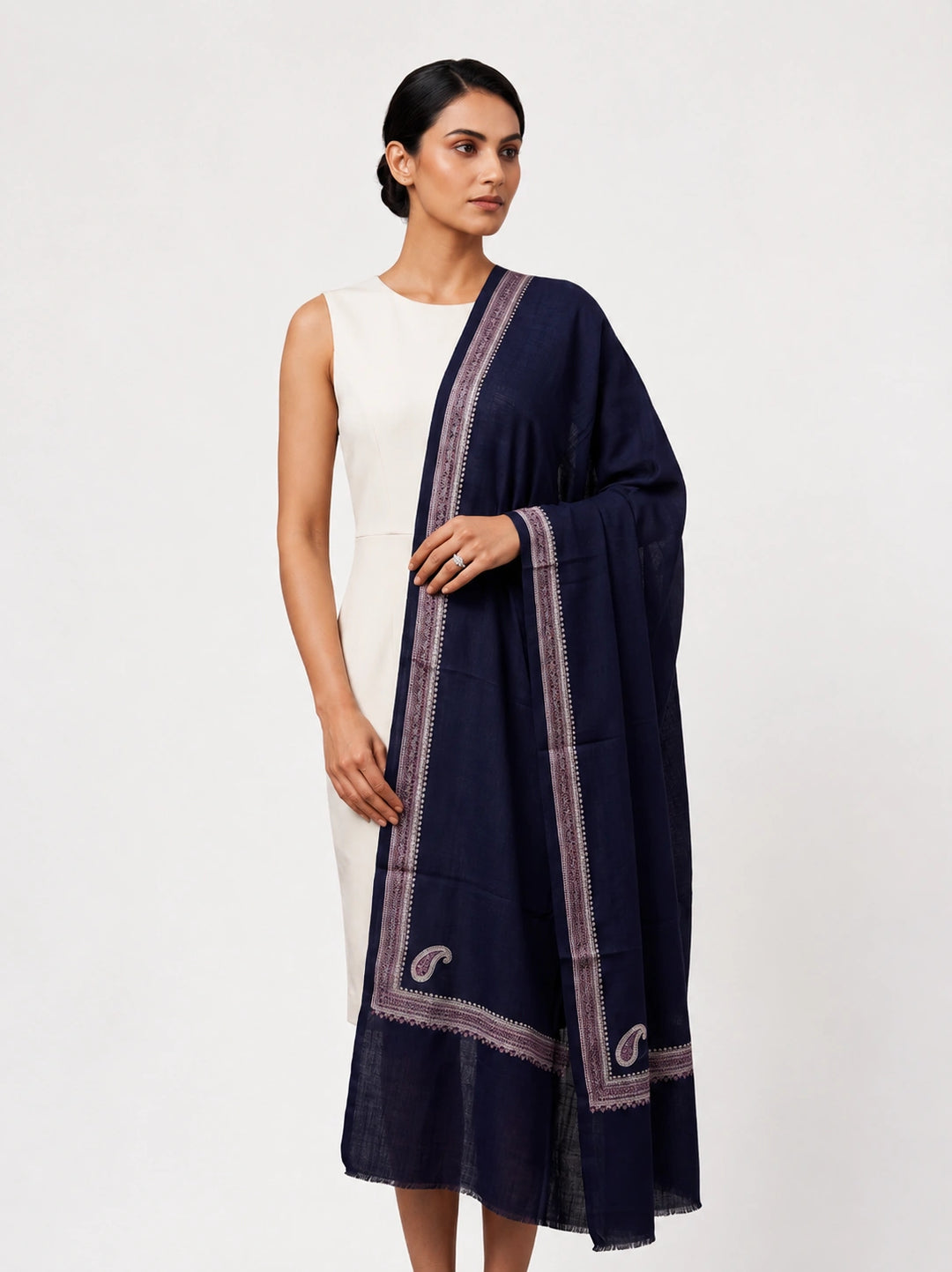 Navy Cashmere Wool Embroidered Stole with Paisley Border