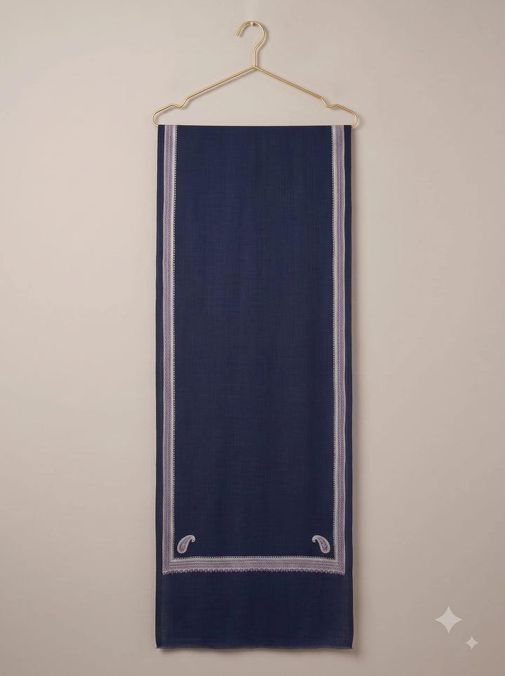 Navy Cashmere Wool Embroidered Stole with Paisley Border