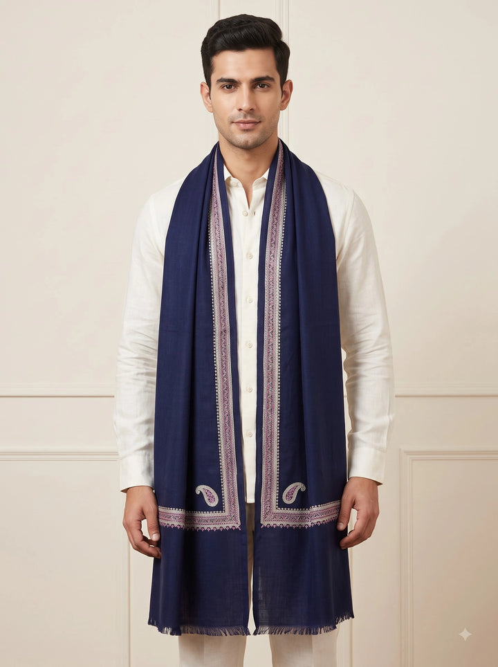 Navy Cashmere Wool Embroidered Stole with Paisley Border