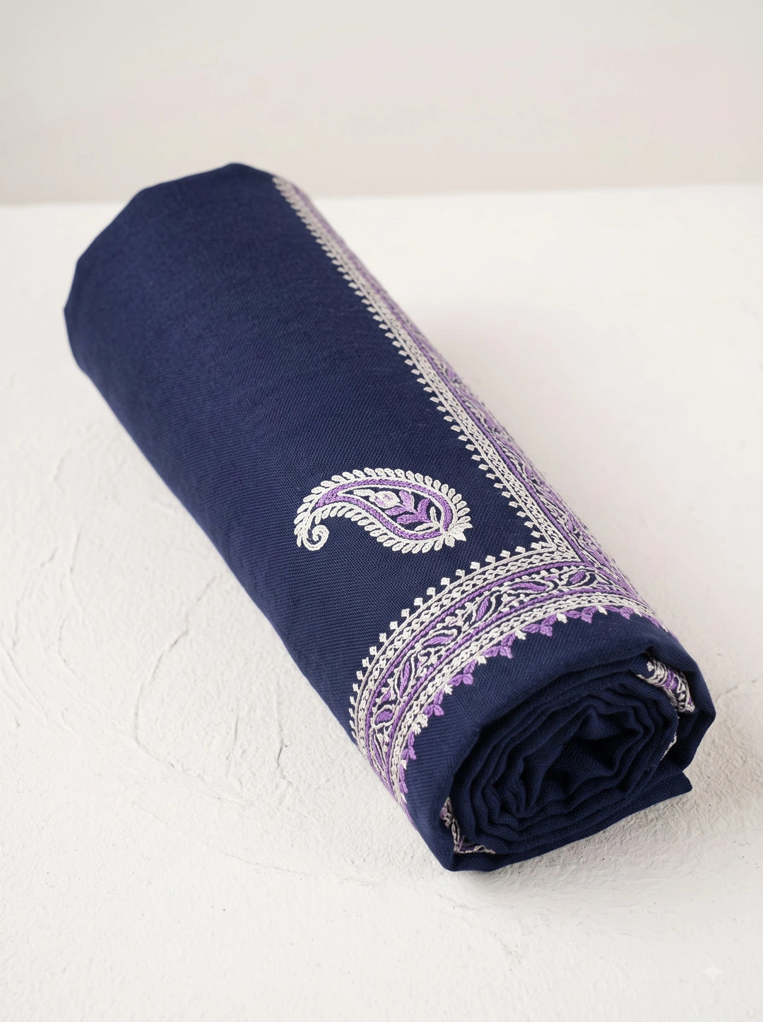 Navy Cashmere Wool Embroidered Stole with Paisley Border