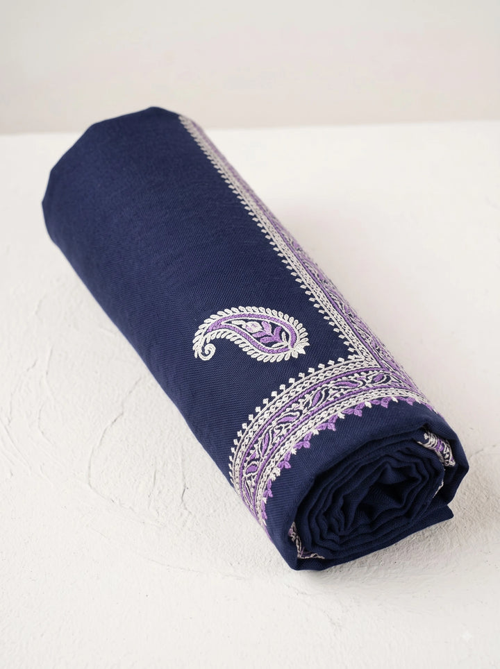Navy Cashmere Wool Embroidered Stole with Paisley Border